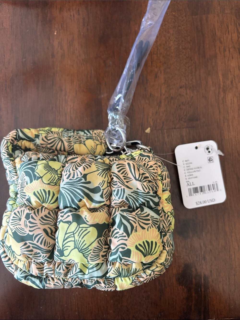 Free People Green Yellow Floral Quilted Wristlet Cosmetic Pouch